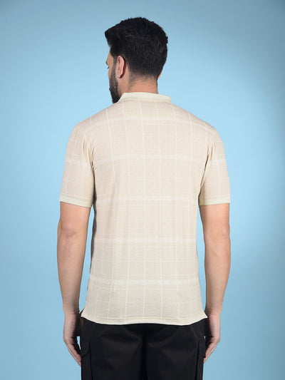 Beige Checked Polo-Neck T-Shirt-Men T-Shirts-Crimsoune Club