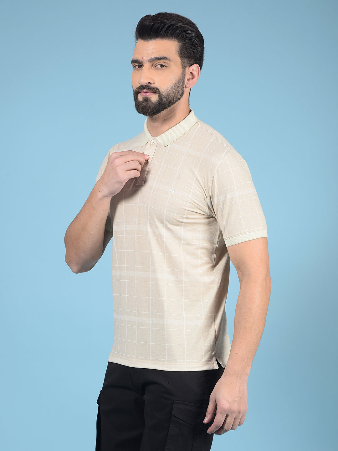 Beige Checked Polo-Neck T-Shirt-Men T-Shirts-Crimsoune Club