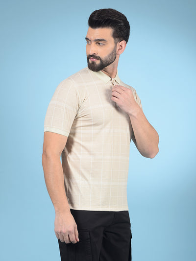 Beige Checked Polo-Neck T-Shirt-Men T-Shirts-Crimsoune Club