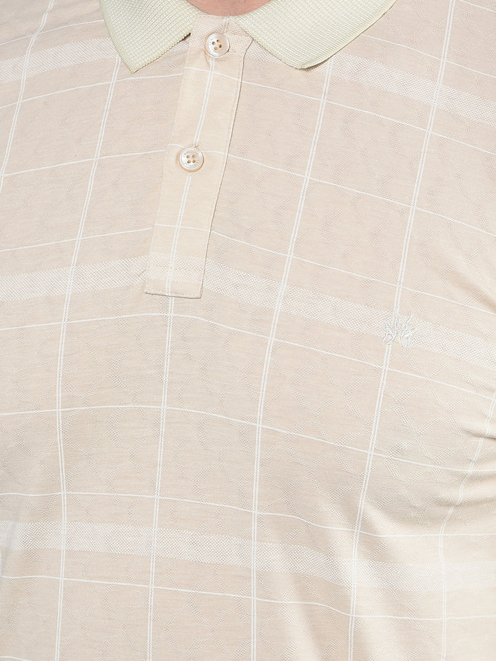 Beige Checked Polo-Neck T-Shirt-Men T-Shirts-Crimsoune Club