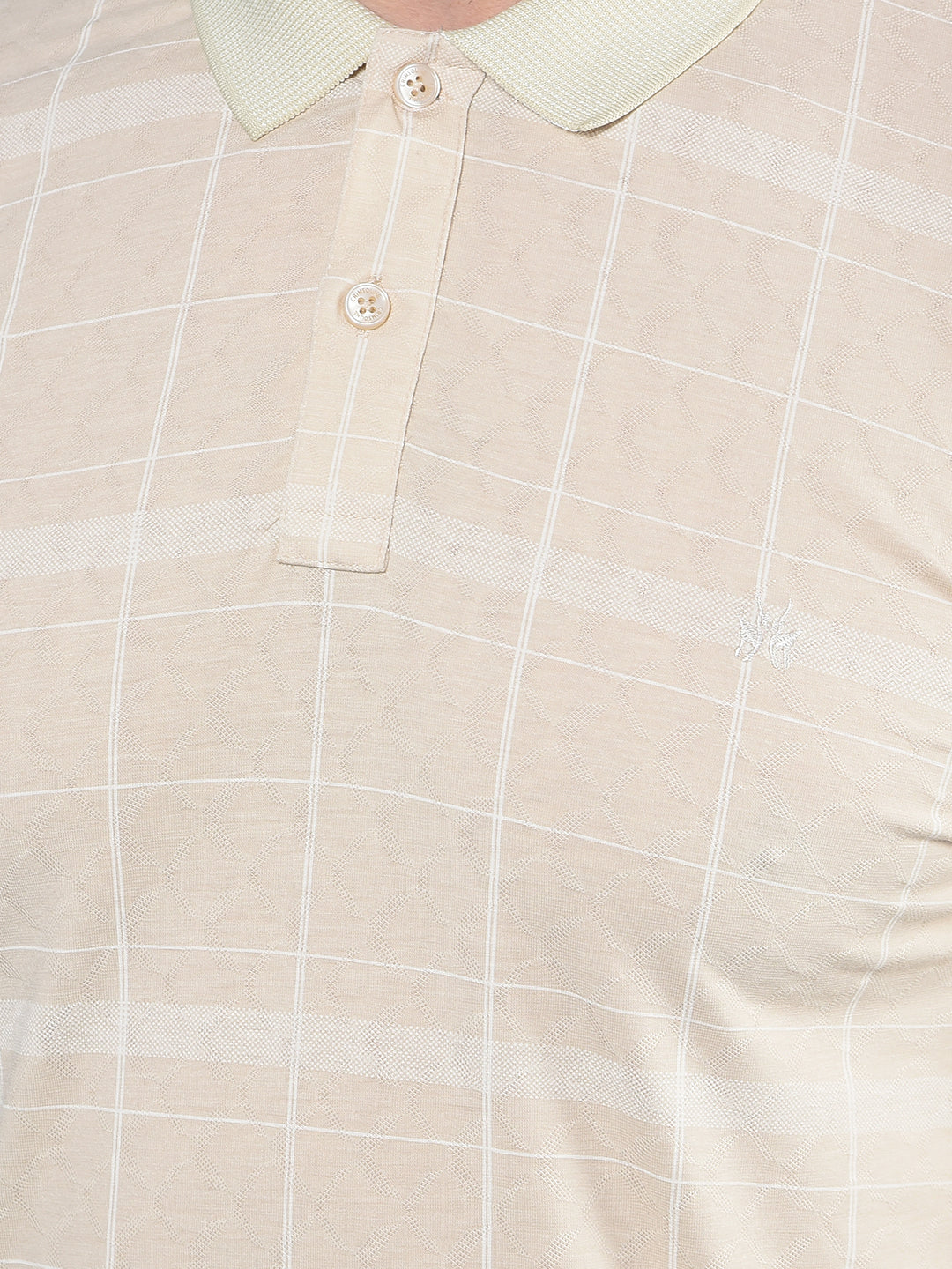 Beige Checked Polo-Neck T-Shirt-Men T-Shirts-Crimsoune Club