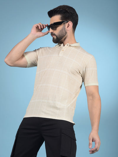 Beige Checked Polo-Neck T-Shirt-Men T-Shirts-Crimsoune Club
