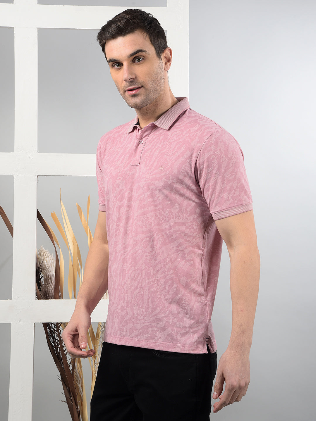 Pink Printed Polo Neck T-Shirt-Men T-Shirts-Crimsoune Club
