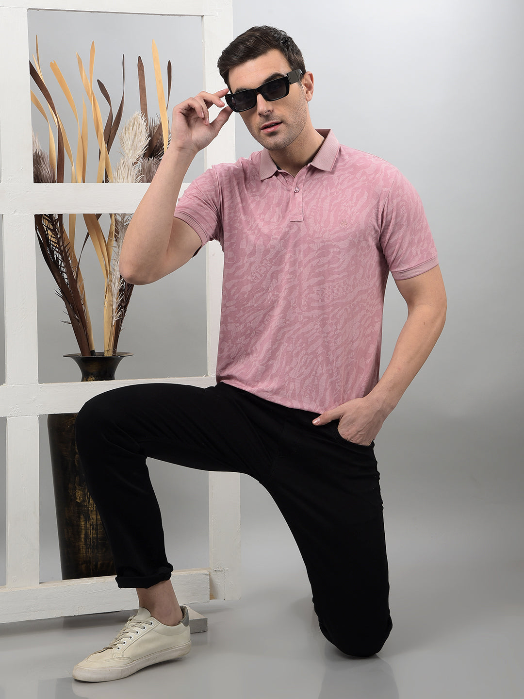 Pink Printed Polo Neck T-Shirt-Men T-Shirts-Crimsoune Club