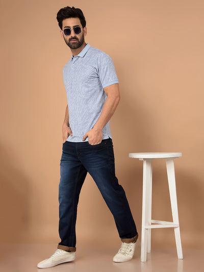 Blue Printed Polo Neck T-Shirt-Men T-Shirts-Crimsoune Club
