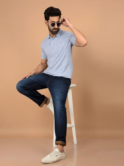 Blue Printed Polo Neck T-Shirt-Men T-Shirts-Crimsoune Club