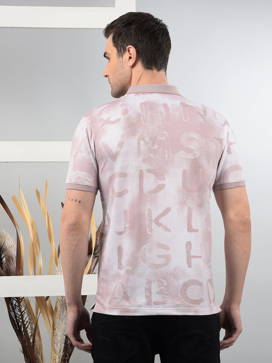 Pink Typographic Print Polo Neck T-Shirt-Men T-Shirts-Crimsoune Club