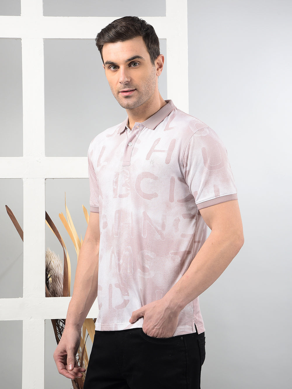 Pink Typographic Print Polo Neck T-Shirt-Men T-Shirts-Crimsoune Club