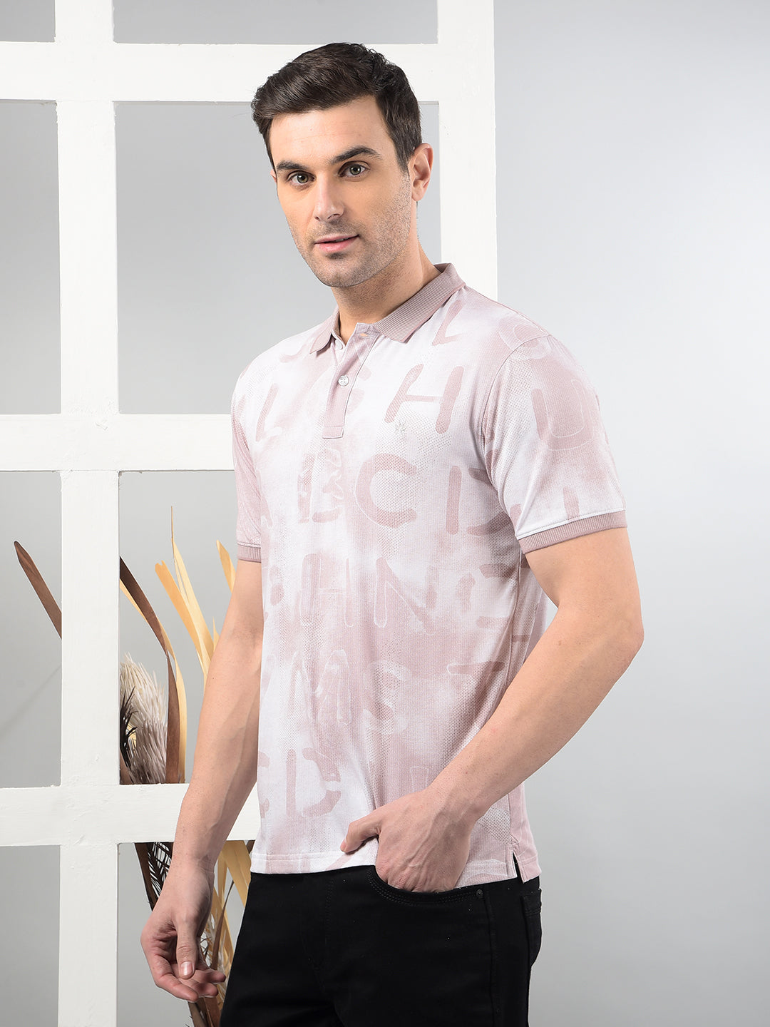 Pink Typographic Print Polo Neck T-Shirt-Men T-Shirts-Crimsoune Club