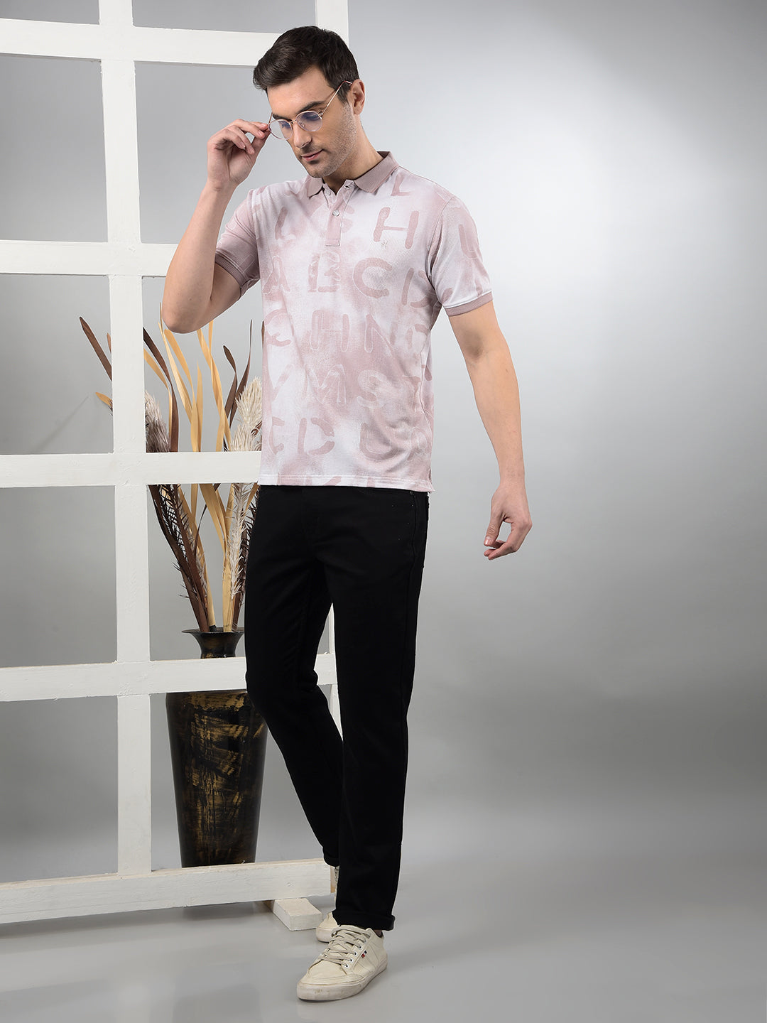 Pink Typographic Print Polo Neck T-Shirt-Men T-Shirts-Crimsoune Club