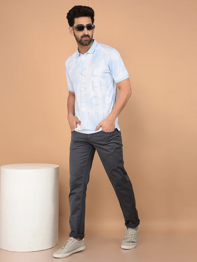 Blue Typographic Print Polo Neck T-Shirt-Men T-Shirts-Crimsoune Club