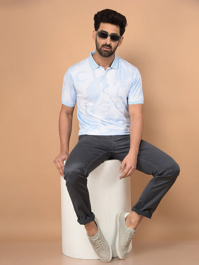 Blue Typographic Print Polo Neck T-Shirt-Men T-Shirts-Crimsoune Club