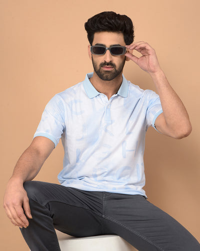 Blue Typographic Print Polo Neck T-Shirt-Men T-Shirts-Crimsoune Club