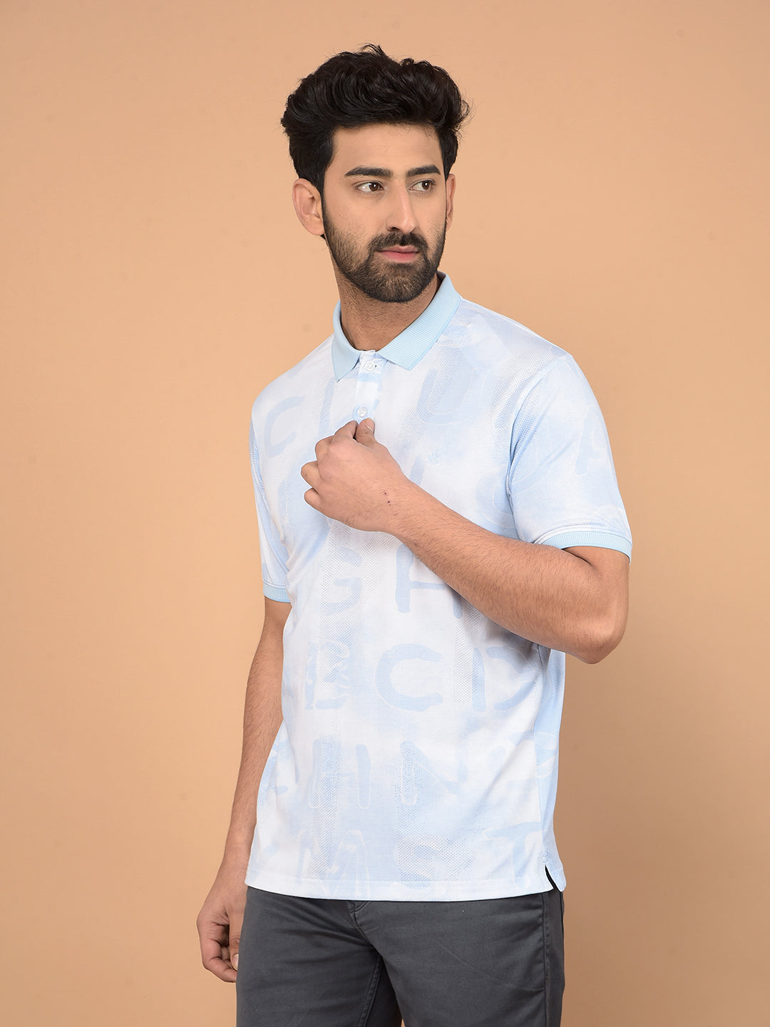 Blue Typographic Print Polo Neck T-Shirt-Men T-Shirts-Crimsoune Club