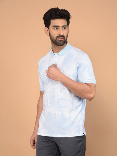 Blue Typographic Print Polo Neck T-Shirt-Men T-Shirts-Crimsoune Club