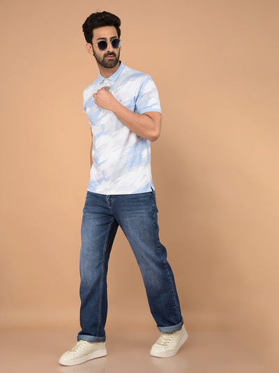 Blue Printed Polo Neck T-Shirt-Men T-Shirts-Crimsoune Club