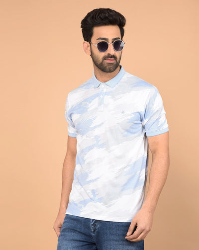 Blue Printed Polo Neck T-Shirt-Men T-Shirts-Crimsoune Club