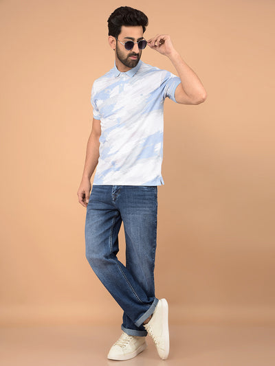 Blue Printed Polo Neck T-Shirt-Men T-Shirts-Crimsoune Club