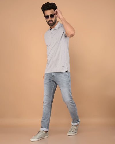 Grey Printed Polo Neck T-Shirt-Men T-Shirts-Crimsoune Club