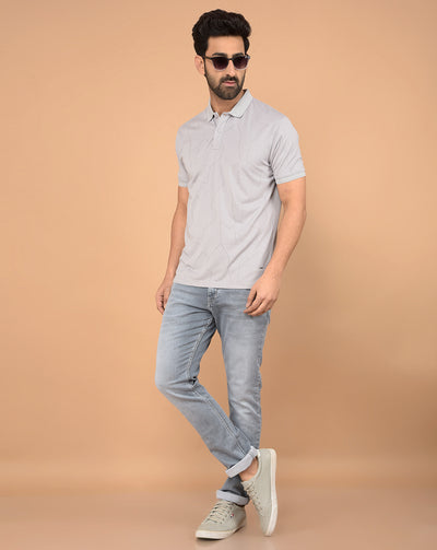 Grey Printed Polo Neck T-Shirt-Men T-Shirts-Crimsoune Club