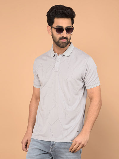 Grey Printed Polo Neck T-Shirt-Men T-Shirts-Crimsoune Club