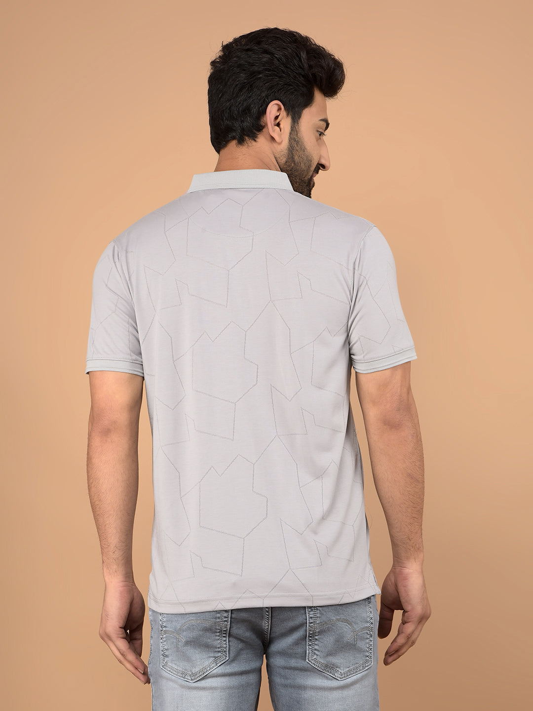 Grey Printed Polo Neck T-Shirt-Men T-Shirts-Crimsoune Club