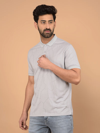 Grey Printed Polo Neck T-Shirt-Men T-Shirts-Crimsoune Club
