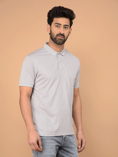 Grey Printed Polo Neck T-Shirt-Men T-Shirts-Crimsoune Club