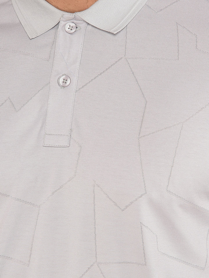 Grey Printed Polo Neck T-Shirt-Men T-Shirts-Crimsoune Club
