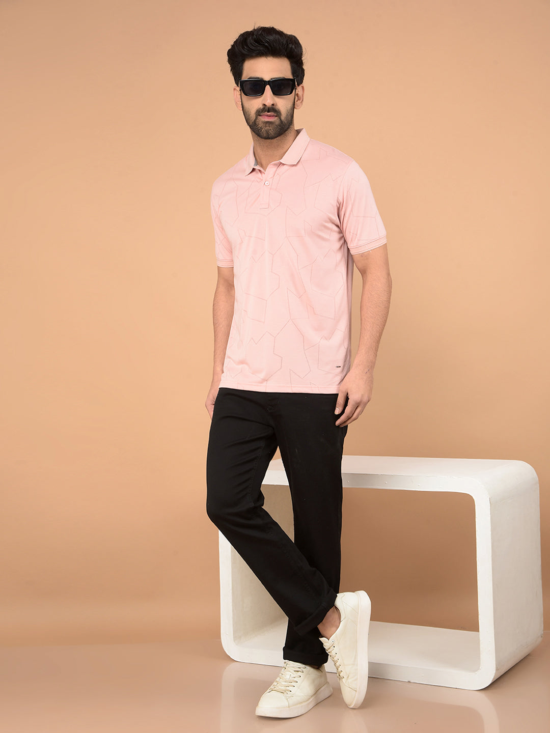 Peach Printed Polo Neck T-Shirt-Men T-Shirts-Crimsoune Club