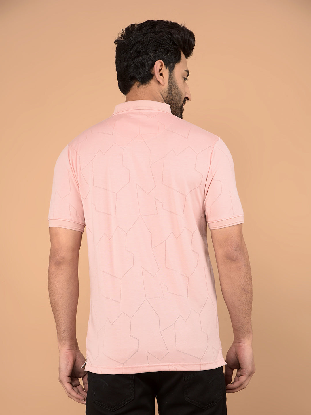 Peach Printed Polo Neck T-Shirt-Men T-Shirts-Crimsoune Club