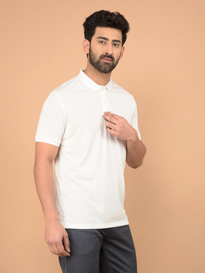 White Printed Polo Neck T-Shirt-Men T-Shirts-Crimsoune Club