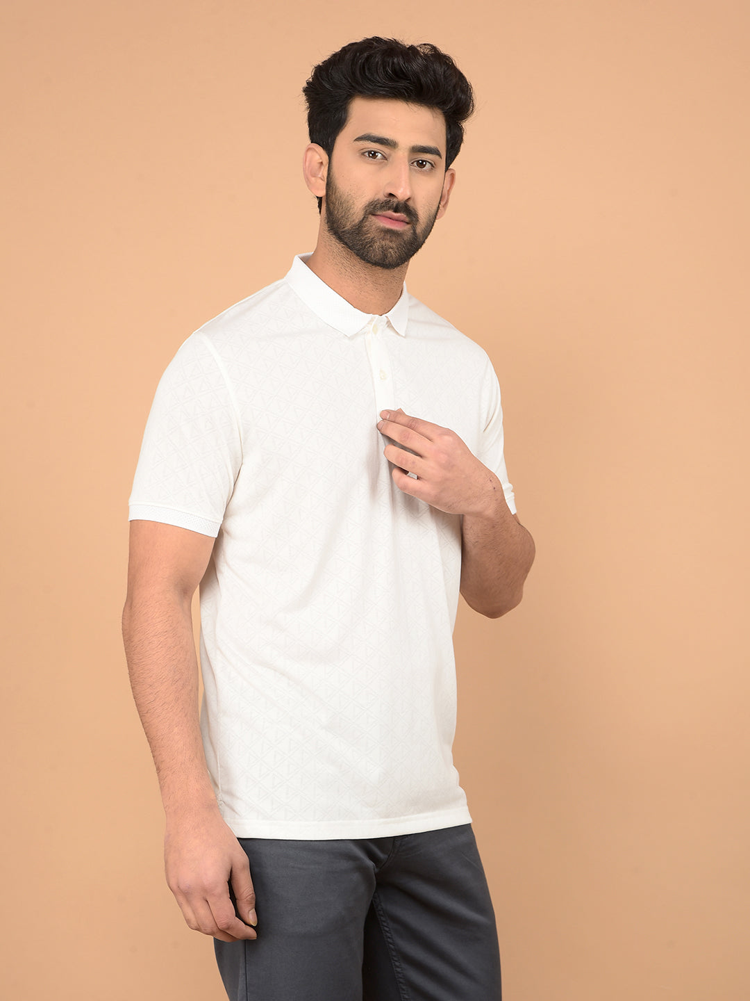 White Printed Polo Neck T-Shirt-Men T-Shirts-Crimsoune Club