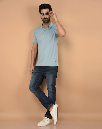 Blue Printed Polo Neck T-Shirt-Men T-Shirts-Crimsoune Club