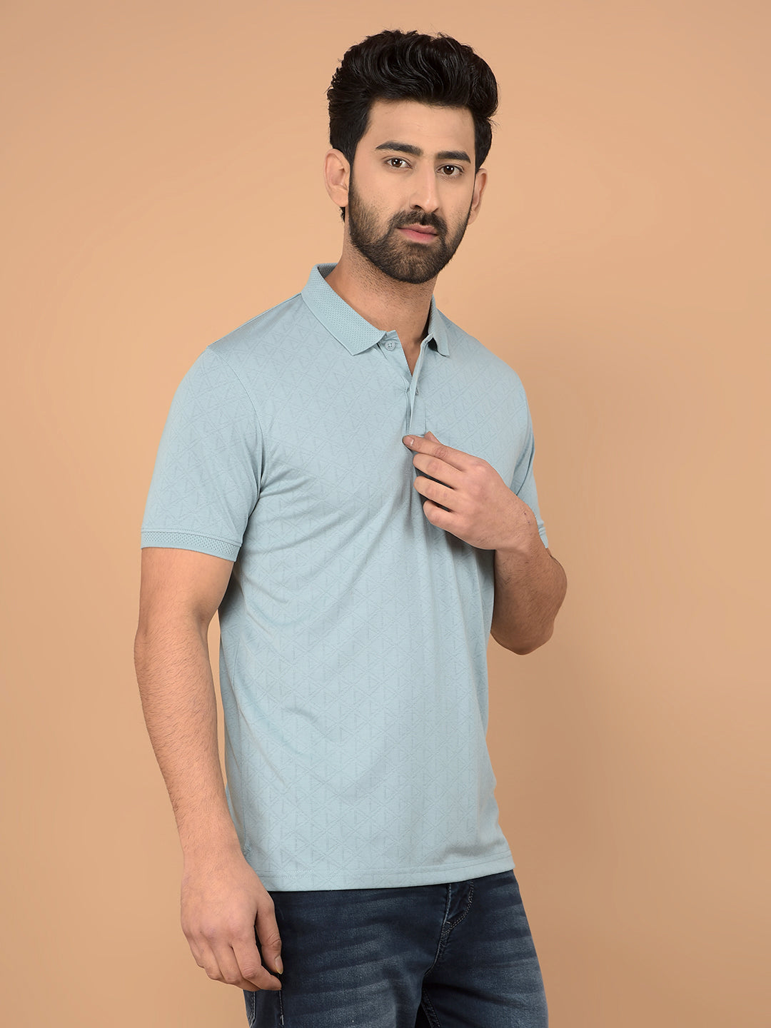 Blue Printed Polo Neck T-Shirt-Men T-Shirts-Crimsoune Club