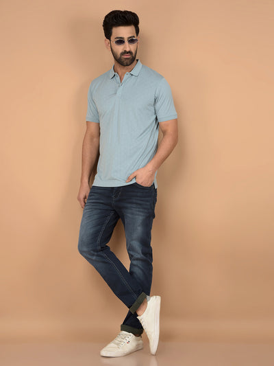 Blue Printed Polo Neck T-Shirt-Men T-Shirts-Crimsoune Club