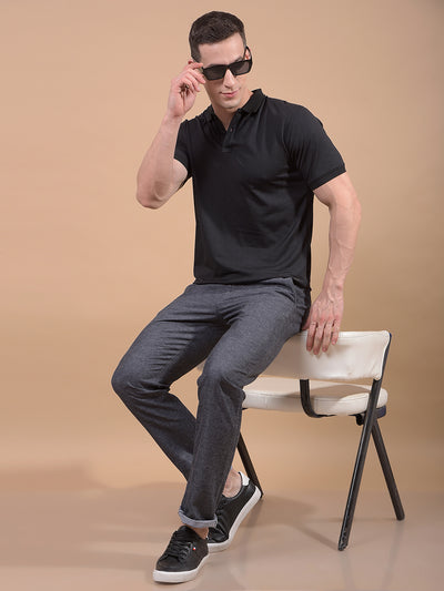 Black Jacquard Polo Neck T-Shirt-Men T-Shirts-Crimsoune Club