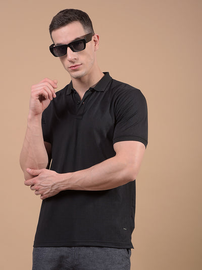 Black Jacquard Polo Neck T-Shirt-Men T-Shirts-Crimsoune Club