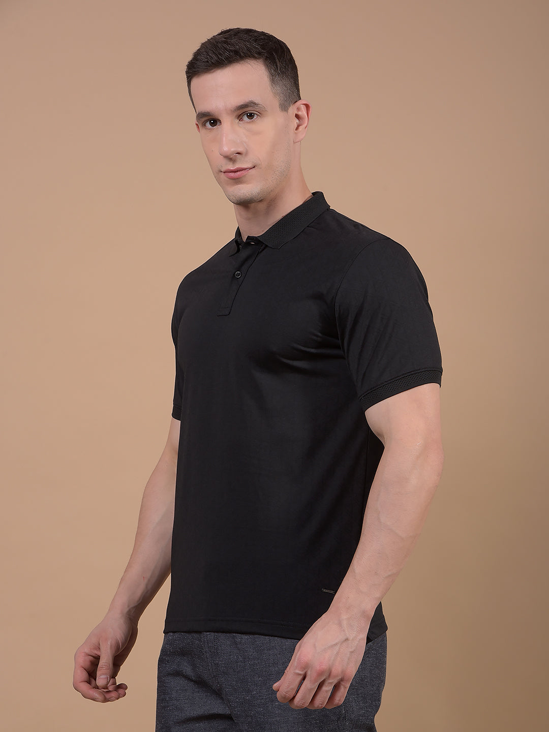 Black Jacquard Polo Neck T-Shirt-Men T-Shirts-Crimsoune Club