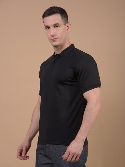 Black Jacquard Polo Neck T-Shirt-Men T-Shirts-Crimsoune Club
