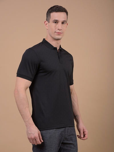 Black Jacquard Polo Neck T-Shirt-Men T-Shirts-Crimsoune Club