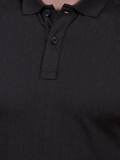 Black Jacquard Polo Neck T-Shirt-Men T-Shirts-Crimsoune Club