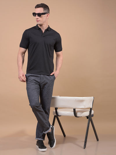 Black Jacquard Polo Neck T-Shirt-Men T-Shirts-Crimsoune Club