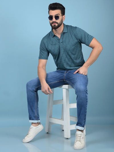 Green Jacquard Polo-Neck T-Shirt-Men T-Shirts-Crimsoune Club