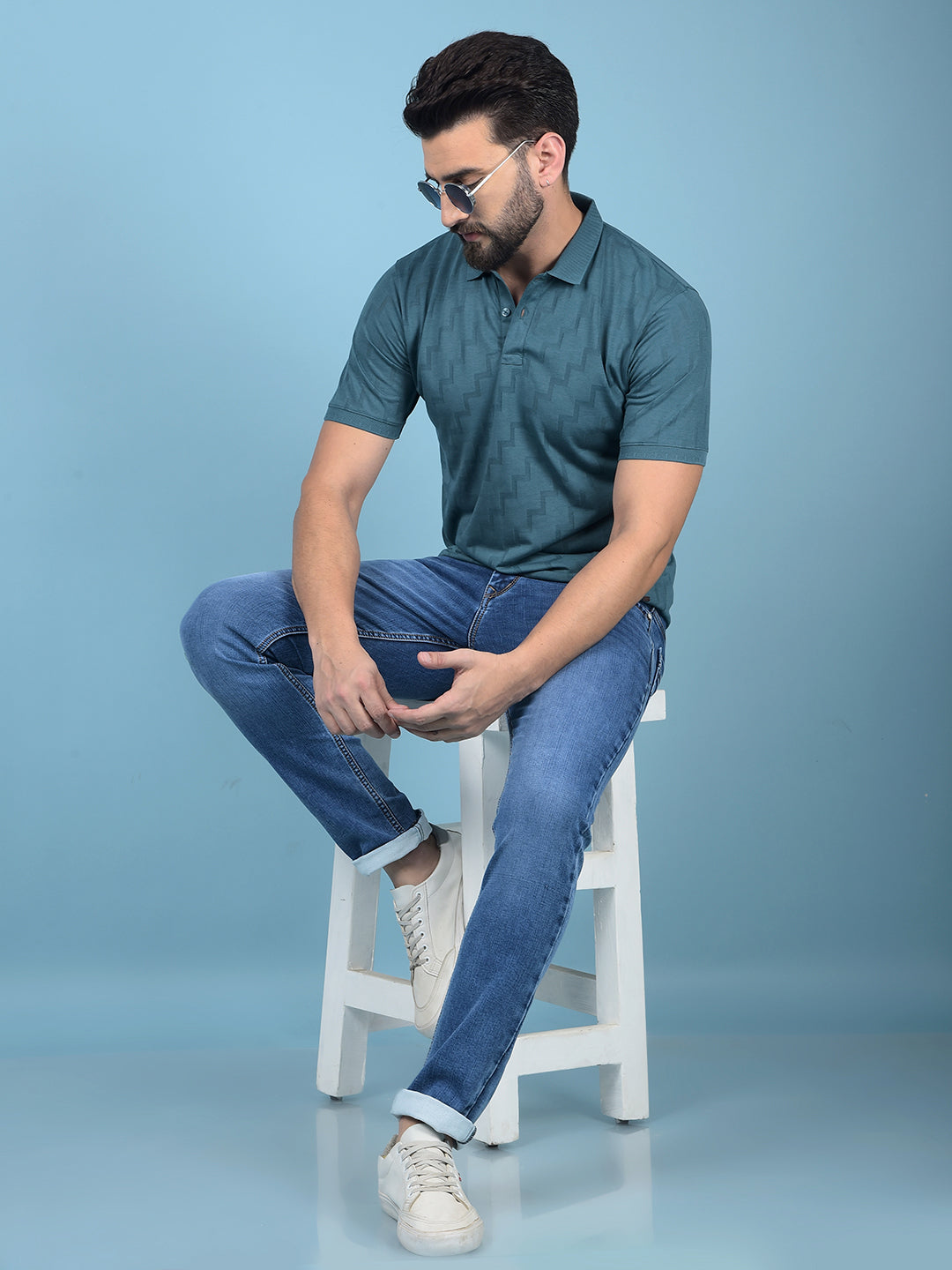 Green Jacquard Polo-Neck T-Shirt-Men T-Shirts-Crimsoune Club