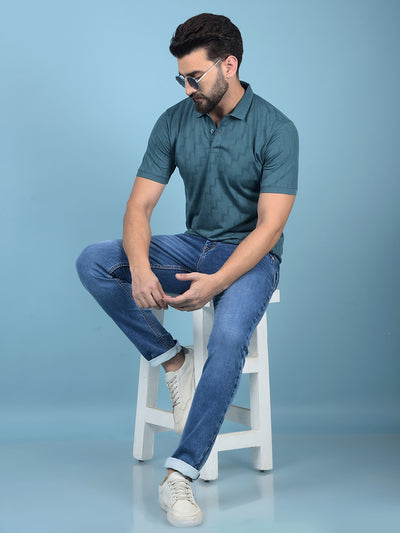 Green Jacquard Polo-Neck T-Shirt-Men T-Shirts-Crimsoune Club