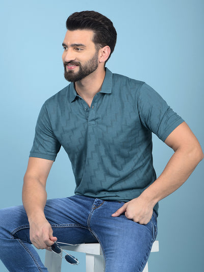 Green Jacquard Polo-Neck T-Shirt-Men T-Shirts-Crimsoune Club