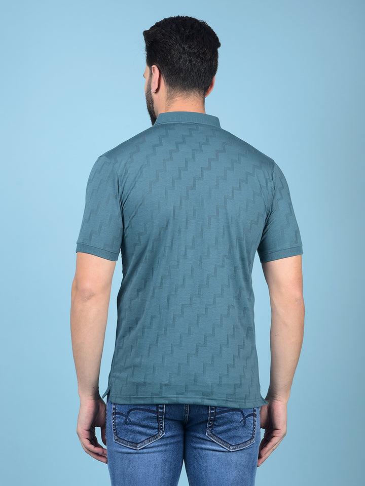 Green Jacquard Polo-Neck T-Shirt-Men T-Shirts-Crimsoune Club