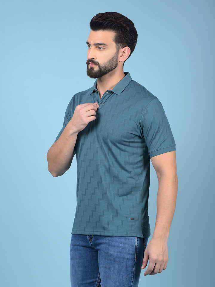 Green Jacquard Polo-Neck T-Shirt-Men T-Shirts-Crimsoune Club