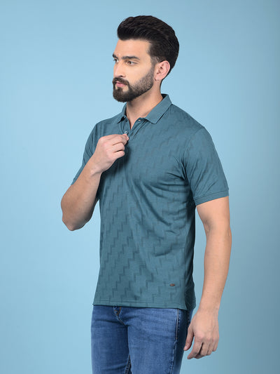 Green Jacquard Polo-Neck T-Shirt-Men T-Shirts-Crimsoune Club